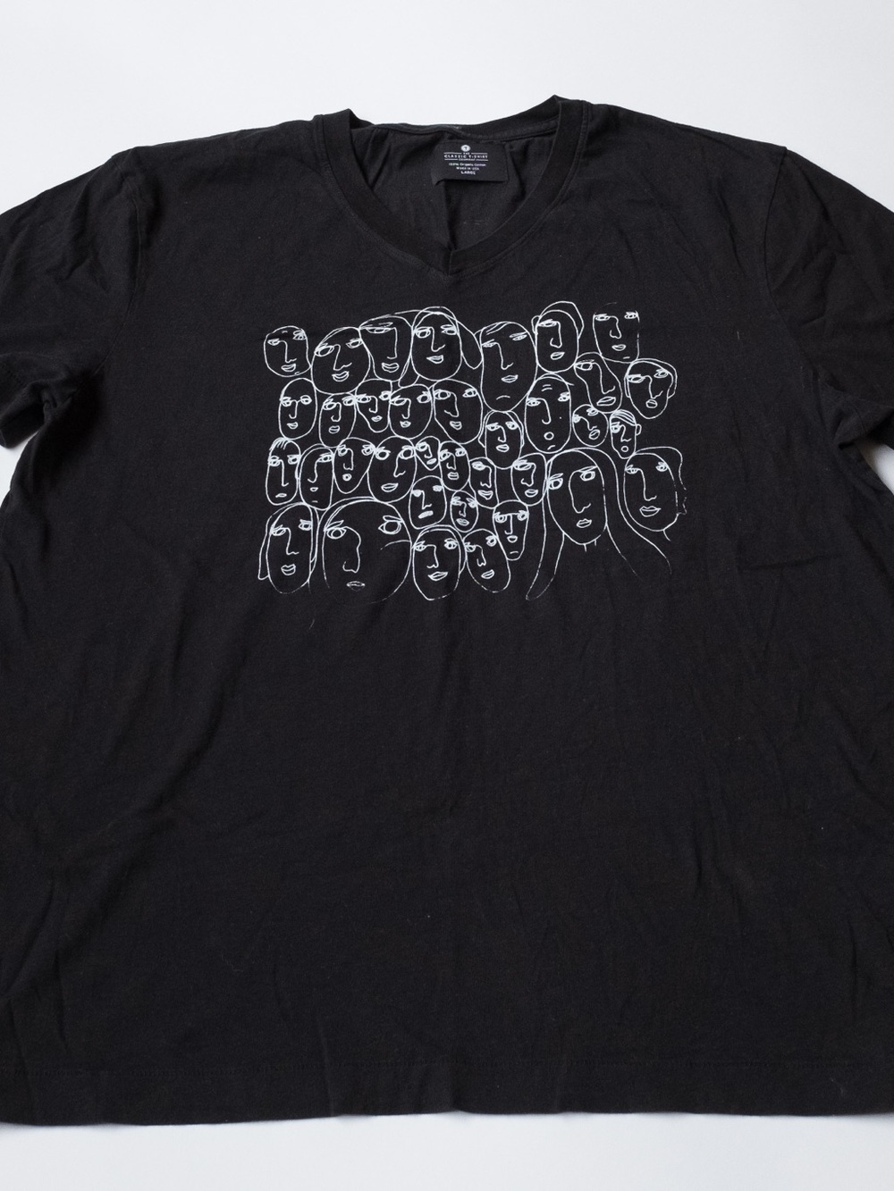 Classic Black V-Neck Tee with White Line-Face Graphic